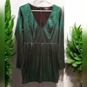 LuLus Green Shimmer Vneck Formal Cocktail Mini Dress Womans Large Forest